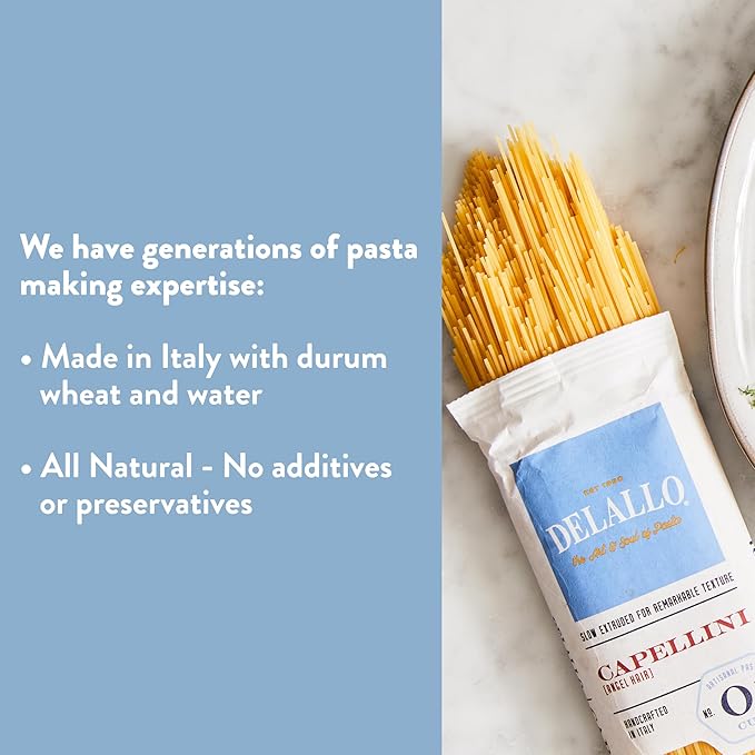 DeLallo Capellini Pasta, Angel Hair Pasta Made in Italy, Made with Only 100% Durum Wheat Semolina Flour, Bronze Cut, All Natural, Non-GMO, Kosher, Vegan, 1 Pound Bag, (8 Pack)