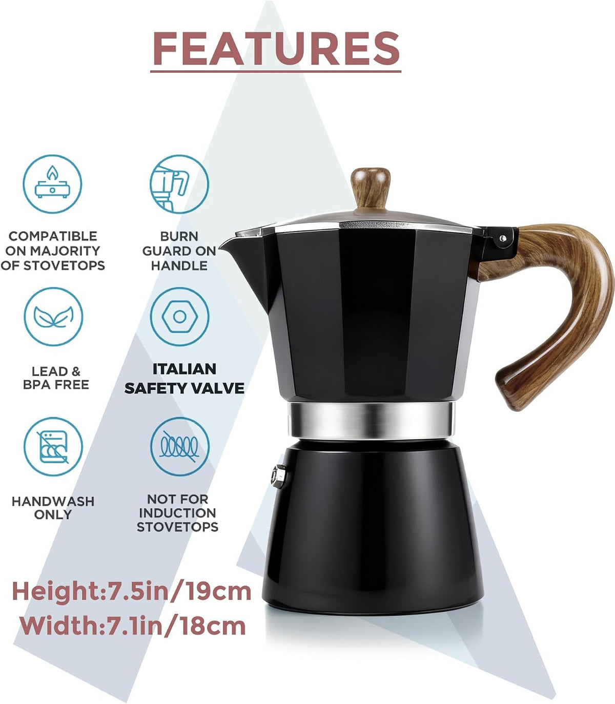 AGOGO Moka Pot Stovetop Espresso Set &amp; Cuban Coffee Maker 6-Cup/300ml Black | Upgraded anti-snap grip, Home &amp; camping greca percolator, 100 filters for sediment-free brew, Brush &amp; towel gift set