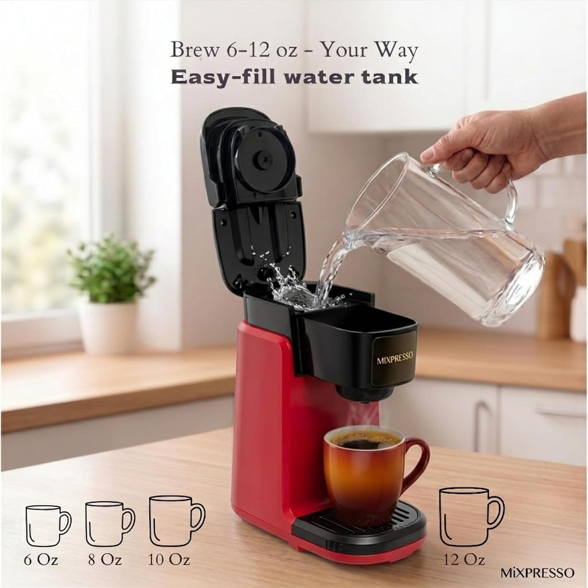 Mixpresso Single Serve Coffee Maker K Cup Coffee Maker for K Pods &amp; Grounds | Compact 800W Red Coffee Machine with 12 Oz Water Tank, Fast Brew &amp; Auto Shut-Off, Small Design for Travel, Office, RV &amp; Dorm