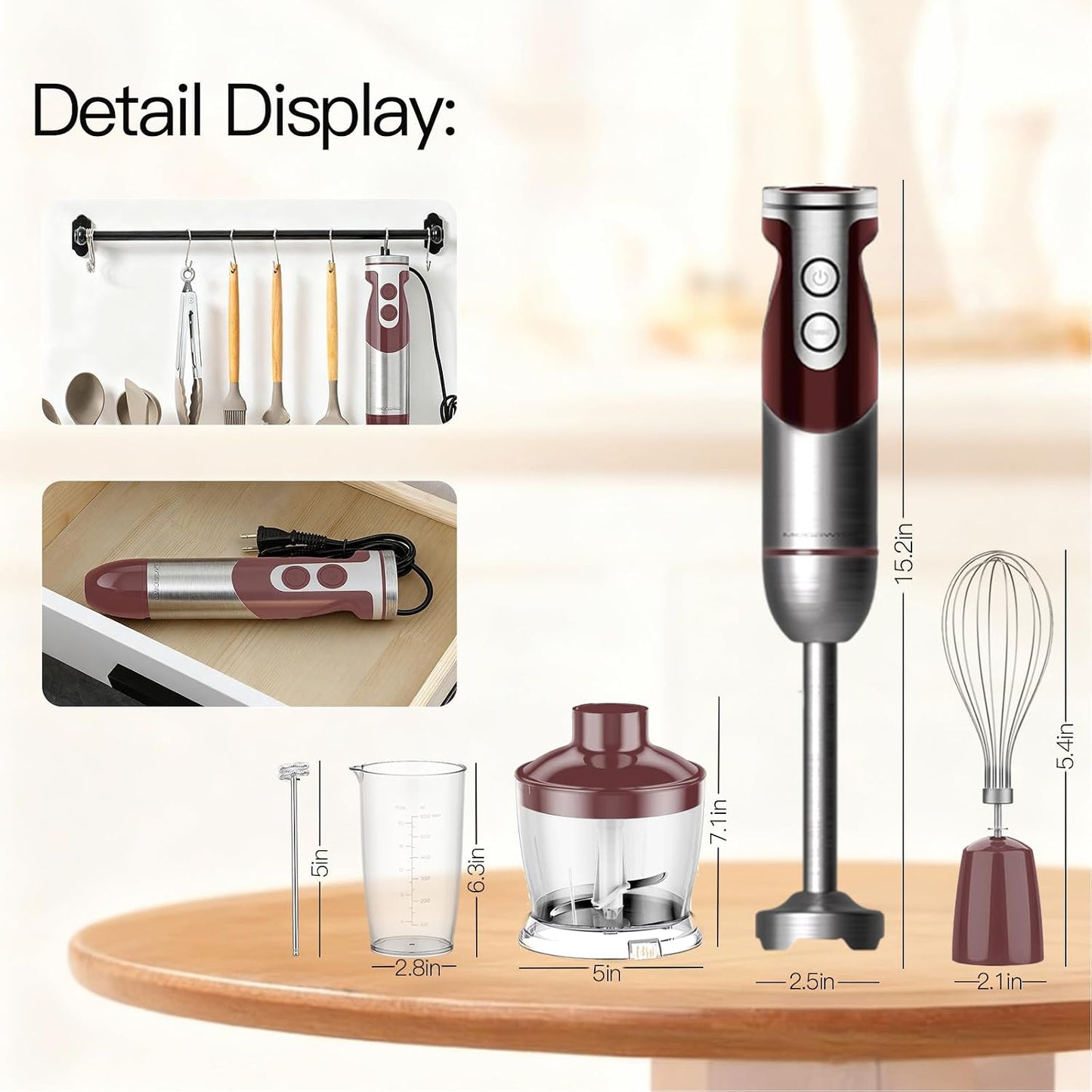 MegaWise 5-in-1 Immersion Hand Blender, Titanium Reinforced Blades (80% Sharper), 12-Speed Powerful Stick Blender with 500ml Chopper, 600ml Beaker, Whisk &amp; Milk Frother for Smoothies, Baby Food &amp; Soup