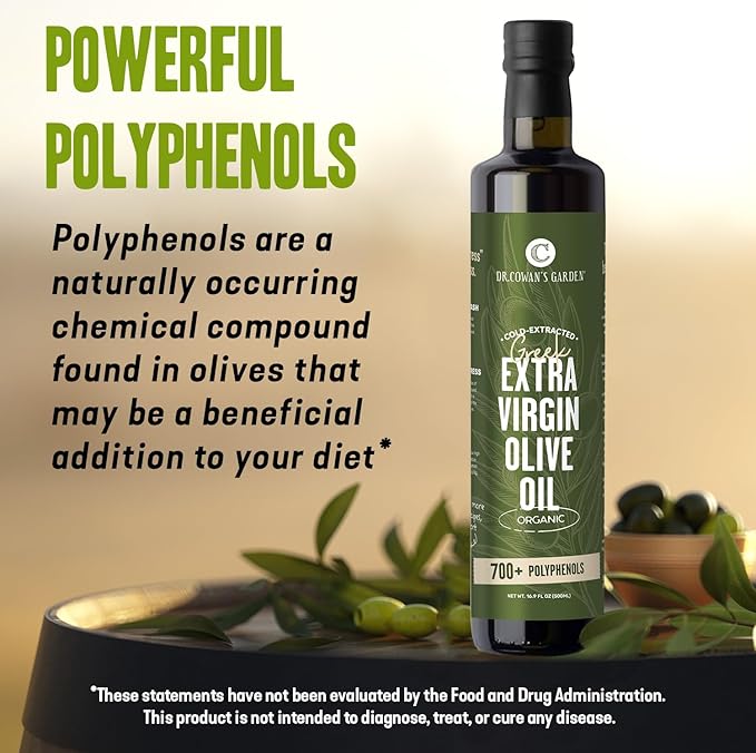 Dr. Cowan’s Garden 700+ Polyphenol Certified Organic Greek Extra Virgin Olive Oil - Single Estate Extra Virgin Olive Oil with Highest Polyphenols Sourced from Koroneiki Trees, Cold-Pressed, 16.9 FL Oz