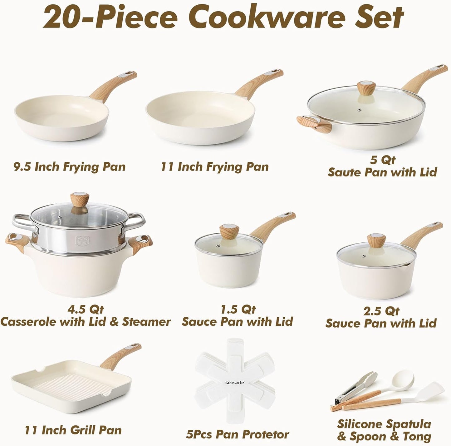 SENSARTE Ceramic Cookware Sets, Pots and Pans Set Nonstick, 20-Piece Induction Cookware, Non-toxic Healthy Non Stick Kit