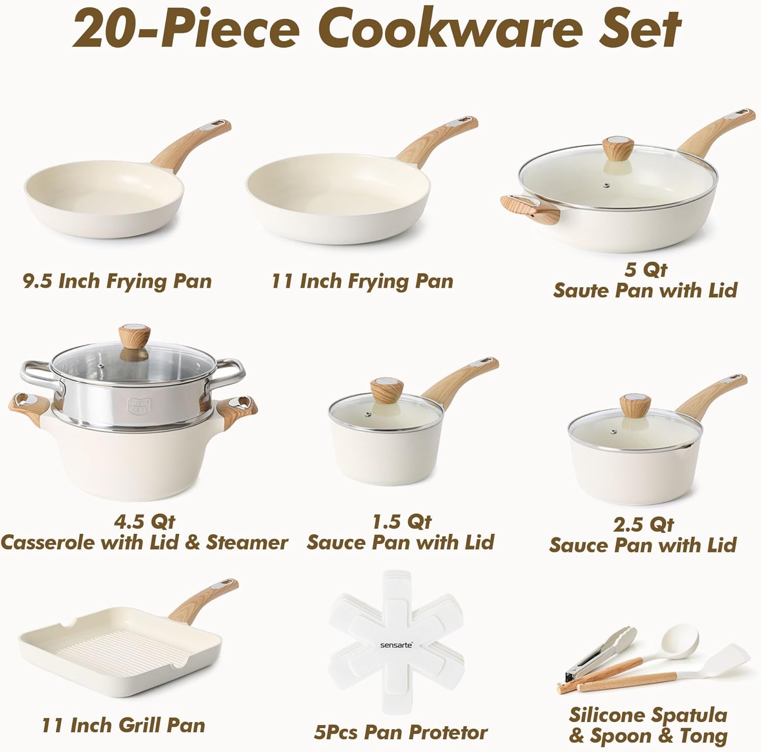 SENSARTE Ceramic Cookware Sets, Pots and Pans Set Nonstick, 20-Piece Induction Cookware, Non-toxic Healthy Non Stick Kit