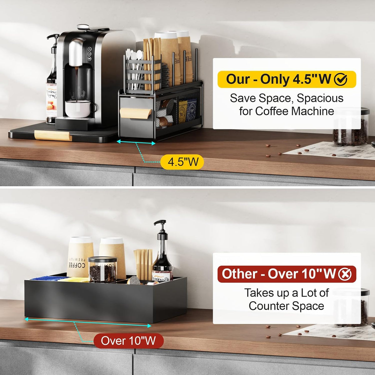 GSlife Narrow Coffee Bar Organizer - Countertop Station with Drawer, Black | Only 4.5 in Wide, Pull-Out Pod Drawer, Cup &amp; Lid Holders, Stirrers, Straws &amp; Condiment Storage, for Coffee Bars &amp; Breakrooms