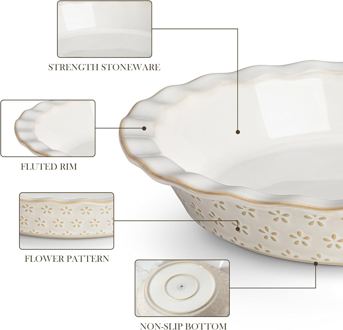 MALACASA Ceramic Pie Pan, 9 Inch Pie Dish Embossed Quiche Baking Dish