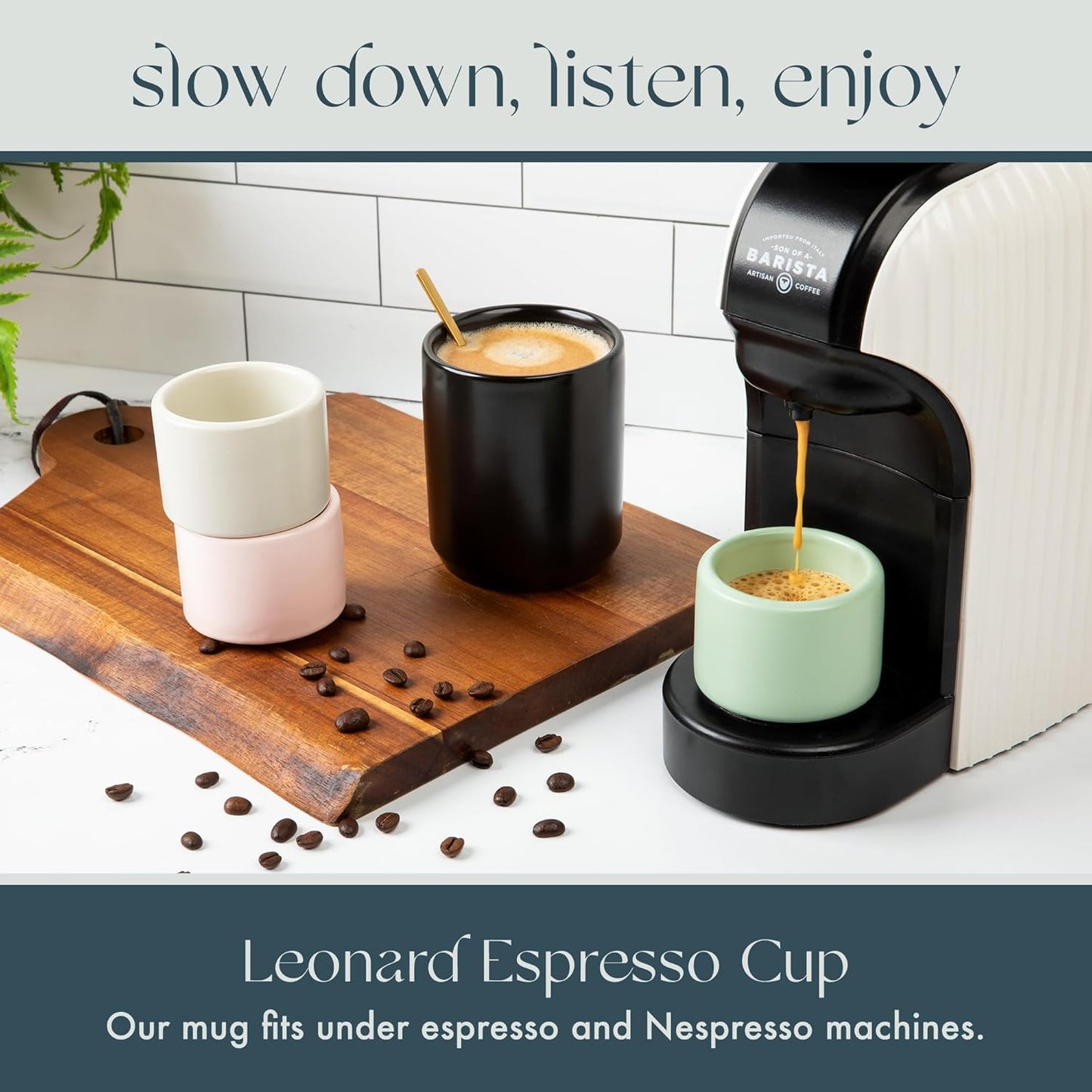 Folk Ceramics Leonard Ceramic Espresso Cups, Misty Green, 3oz, Set of 2 | Modern Stackable Demitasse Mugs, Double Walled, Handleless, Dishwasher &amp; Microwave Safe