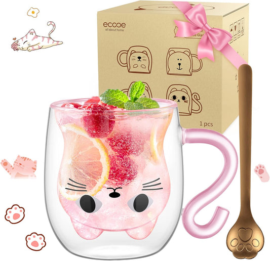 ecooe Cute Cat Mug Double Walled Glass Mug 290ml Coffee Cup Cappuccino Latte Glass Cup with Handle and Spoon, Clear Glass