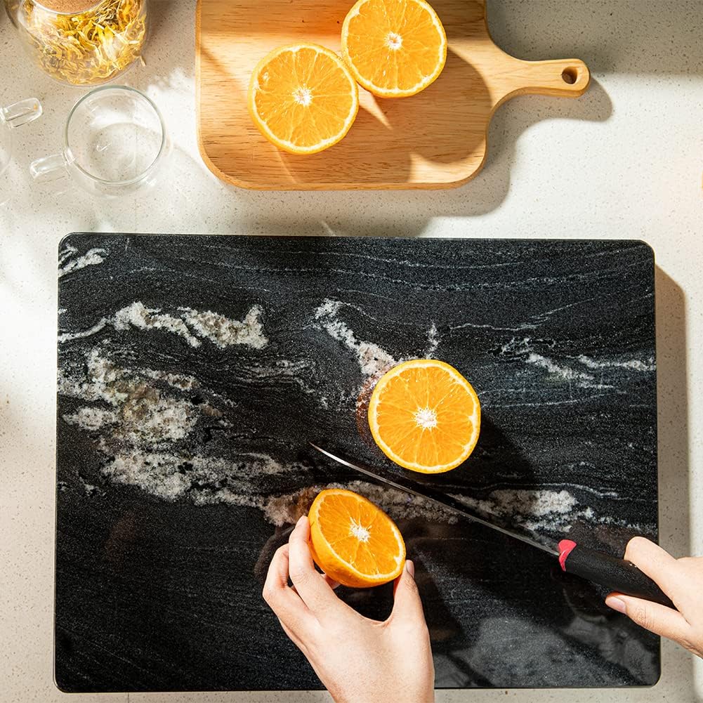 Black Marble Cutting Board, 12×16In Stone Cutting Boards for Kitchen | Marble Slab Pastry Board With Non-Slip Feet for Baking Cheese Charcuterie Dough - Wedding Gift, Easy Clean and Drain