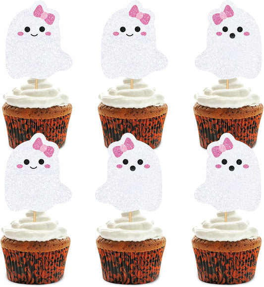 Whaline 48Pcs Halloween Cupcake Toppers Pink Bow Ghost Cupcake Picks Cute Ghost Cake Decorations for Halloween Birthday