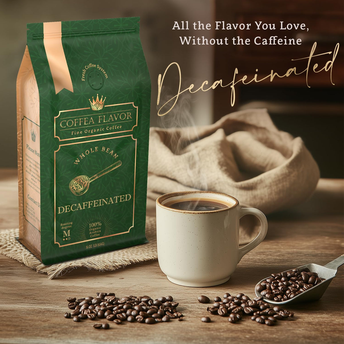 Organic Whole Bean Coffee Medium Roast (16oz) - Decaffeinated | 100% Arabica, Single Origin &amp; Low Acid - USDA Organic and Fair Trade Certified - Mountain Water Processed - Stomach Friendly