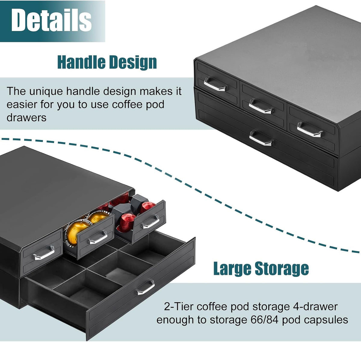 K Cup Holder Drawer 66/88 Pods Capacity, Four Drawers Design for Nespresso Pods Holder, Coffee Pod Holder Compatible With Keurig Pod Organizer&amp;Nespresso/K-Cup/Vertuo Pod Holder, Black