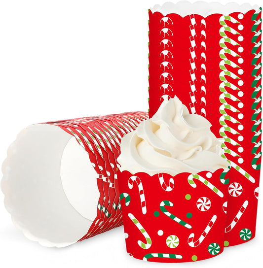 Whaline 100Pcs Christmas Paper Baking Cups Red Green Candy Cane Cupcake Wrappers Scalloped Edge Cupcake Muffin Cases for Xmas Winter Holiday Party Dessert Decoration