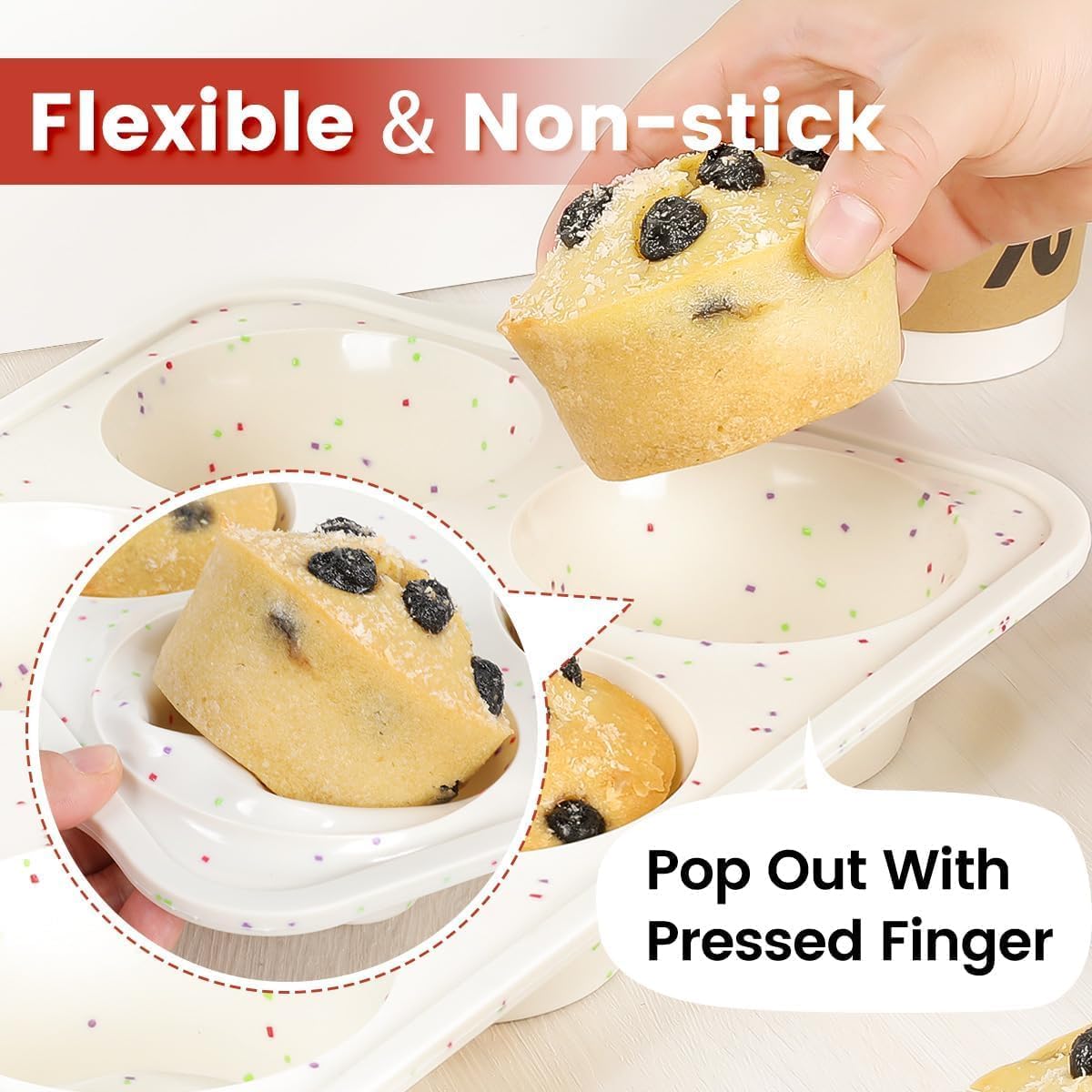 CAKETIME Large Muffin Pan, Metal Reinforced Frame 3.5 Inch Jumbo Silicone Muffin Pan Nonstick 6 Cups for Baking Jumbo Muffin, Frittatas, Jumbo Cupcakes 2 Pack Confetti