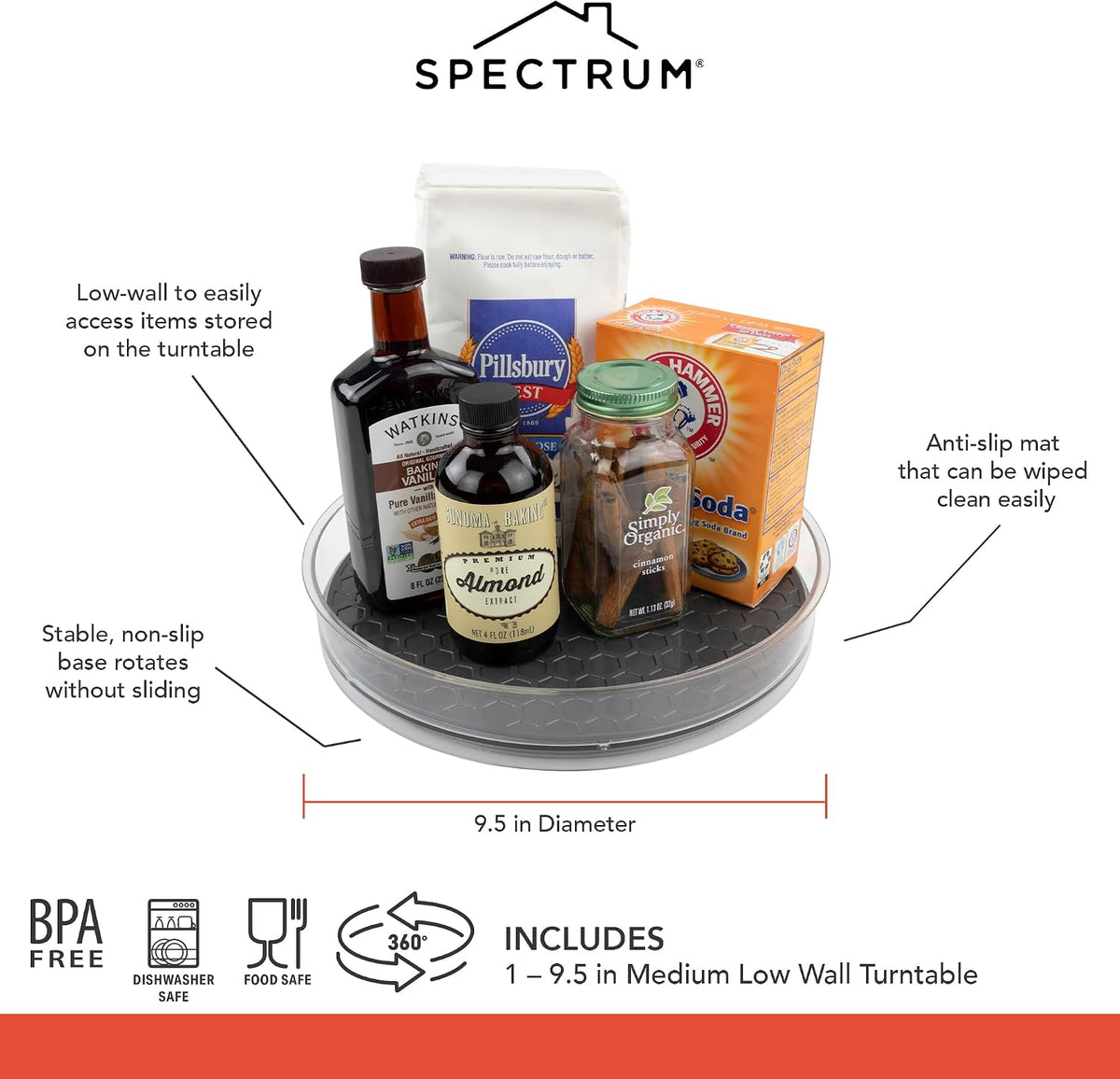 Spectrum Medium Lazy Susan Organizer 9.5 in for Cabinet Refrigerator Pantry Table Rotating Kitchen Storage Spice Rack Fridge Organization, Charcoal Gray Spinning Turntable for Sauces Jams Condiments