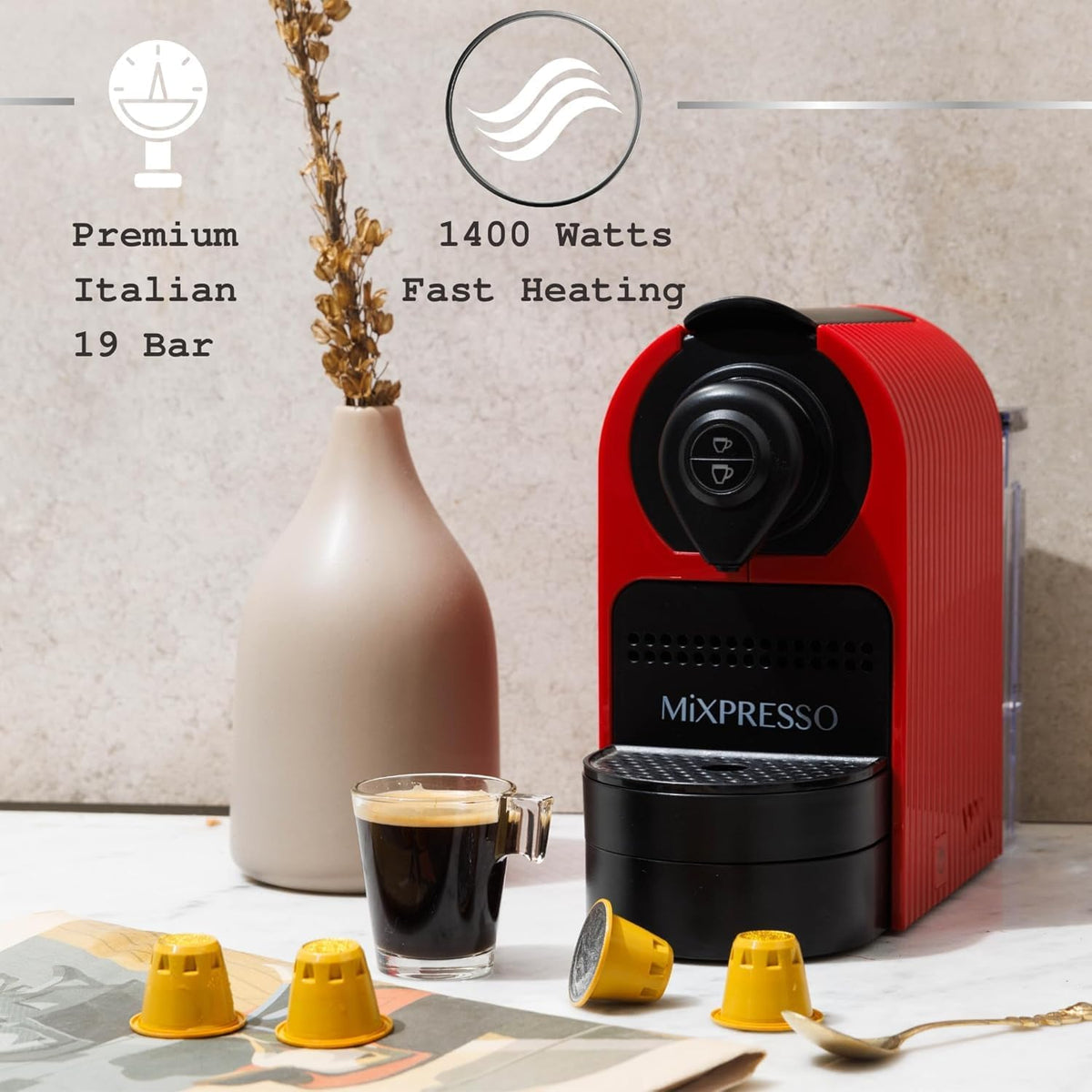 Mixpresso Espresso Machine, Compatible with Nespresso OriginalLine Capsules | 1400W single serve coffee maker with one-touch operation, 19-bar Italian pump and 27oz water tank, red