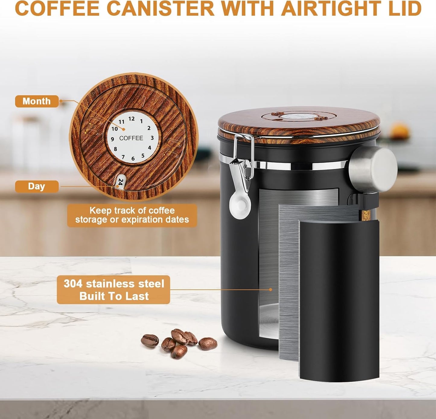 Coffee Canister, 35OZ Stainless Steel Coffee Bean Storage for 1kg Beans, Food Storage Container with Date Tracker, Scoop & CO2 Valve