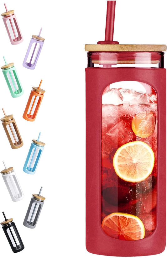 Kodrine 20oz Glass Tumbler with Straw and Lid, Iced Coffee Cups with Bamboo Lids, Glass Cups for Cold Drinks, Smoothie Cup