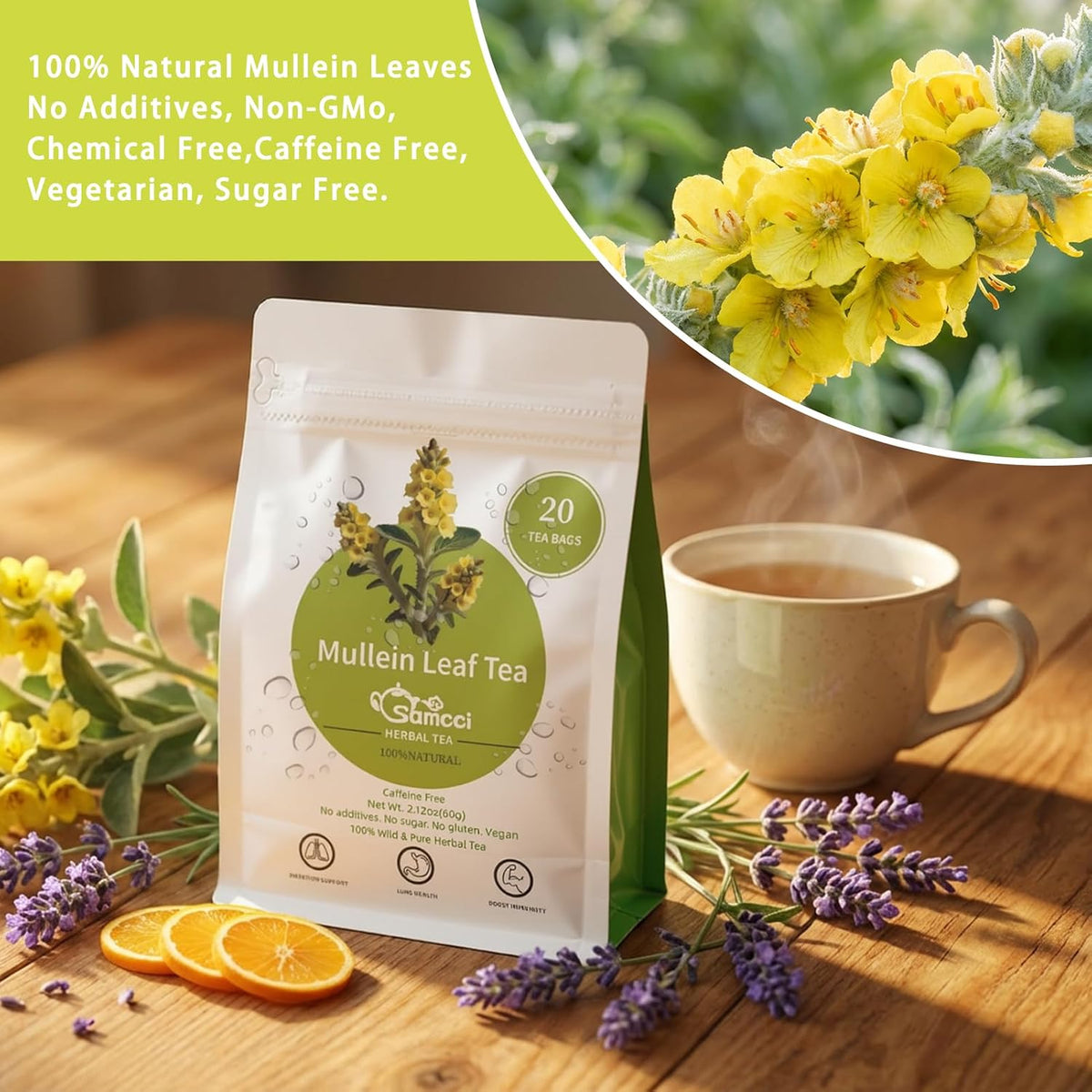 Samcci Mullein Leaf Tea Bags, 3g x 20 Count - Herbal Tea for Lungs | Original Compression Tech, 100% Pure Mullein Tea for Respiratory Support, Natural, Non-GMO, Caffeine &amp; Additives Free