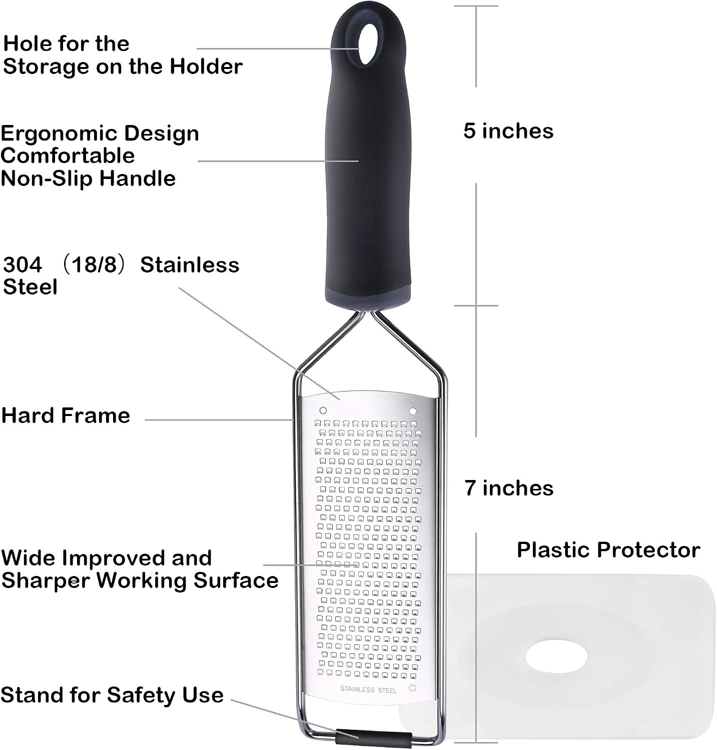 Wide Lemon Zester &amp; Cheese Grater, 18/8 Stainless Steel with Cover, Black | Extra-wide Fine Grating Surface for Citrus, Parmesan, Ginger and Garlic, 18/8 Stainless Steel Blade, Non-slip Top Pads, Cover