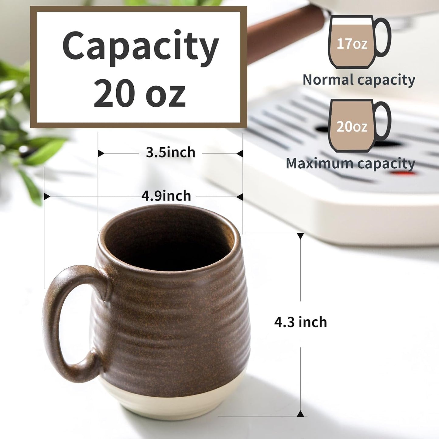 HASENSE Large Ceramic Coffee Mug, 20 Oz Beige Stoneware Cup with Comfortable Handle, Farmhouse Mug for Coffee, Tea &amp; Cocoa, Dishwasher &amp; Microwave Safe, Brown