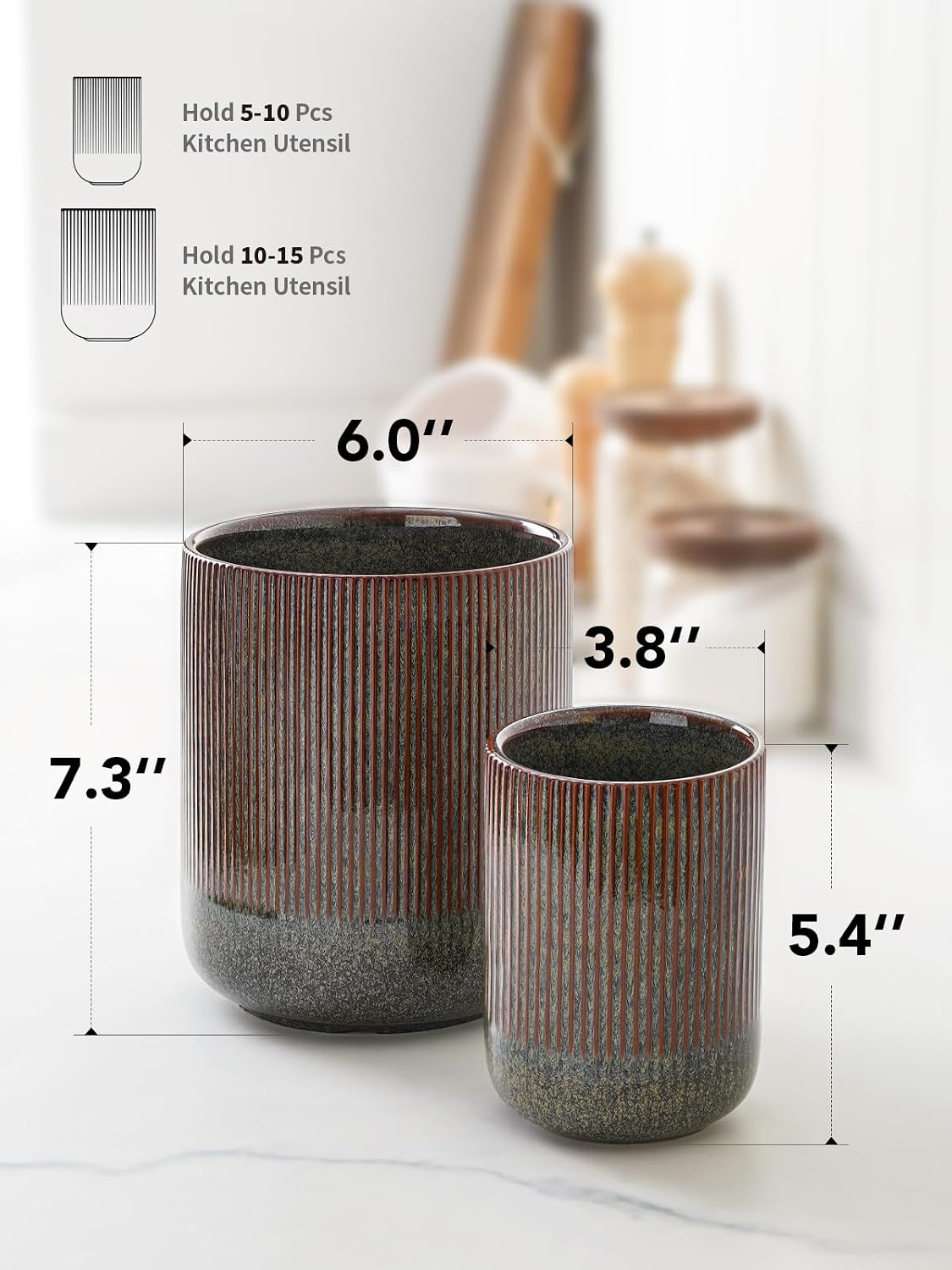 LE TAUCI Ceramic Kitchen Utensil Holder for Counter, 7.3/5.4", Rust &amp; Olive
