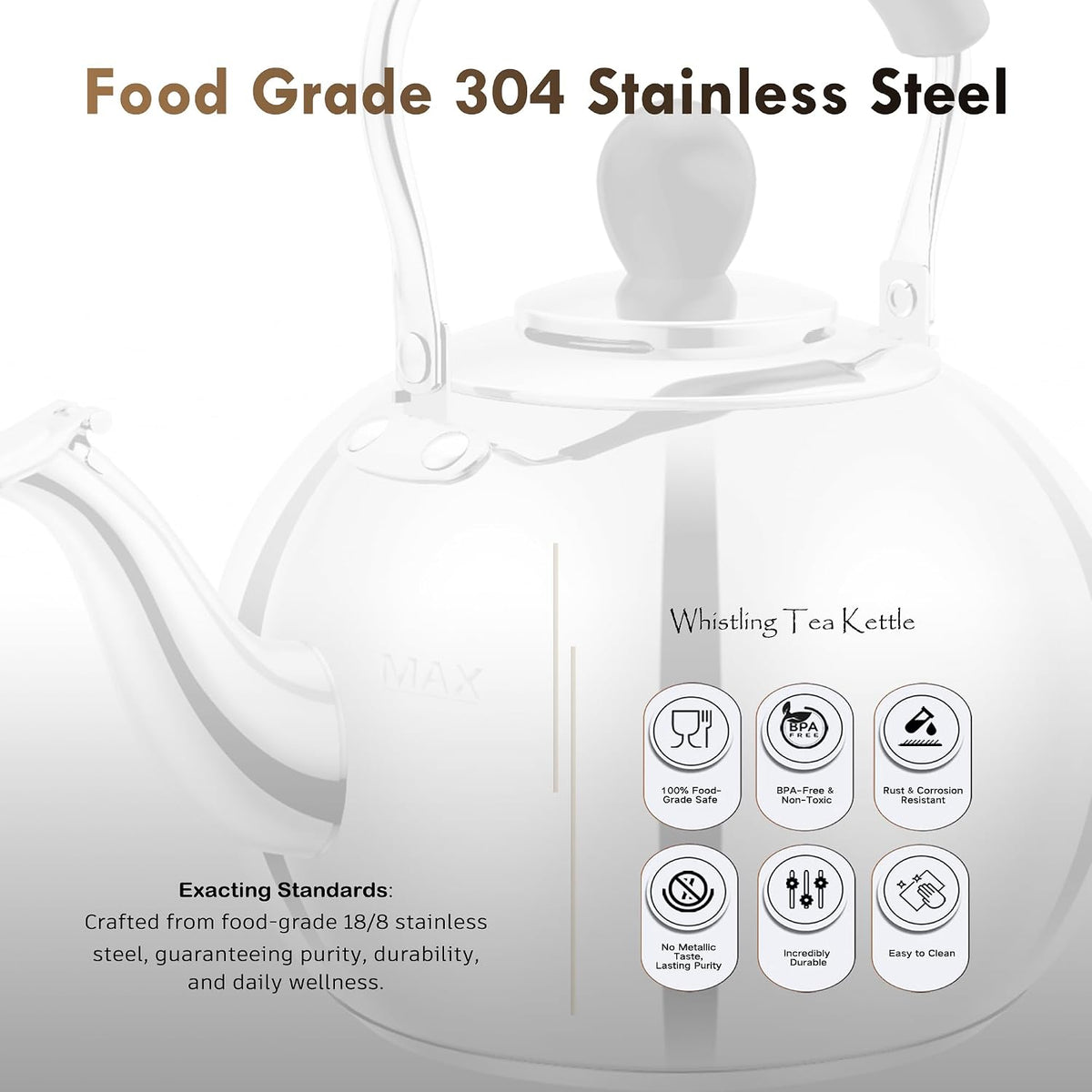 Stovetop Tea Kettle with Whistle - 2.0 Quart 18/8 Stainless Steel Tea Pot for Gas Stove &amp; Electric Coil Stovetop, Food-Safe, Easy-Pour Spout, Mirror Polished Classic Water Kettle