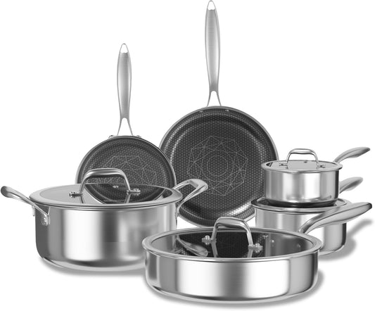 COOKER KING 10pcs Pots and Pans Set Non Stick, Stainless Steel Cookware Set | Hybrid, Non Toxic, Dishwasher and Oven Saf