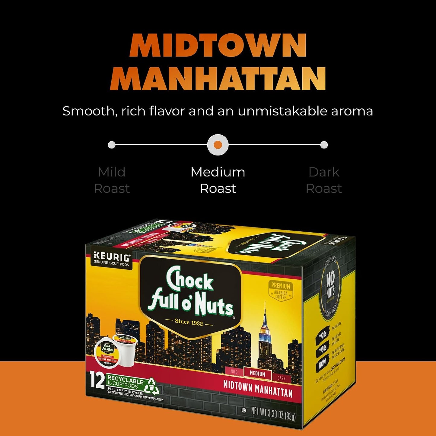Chock Full o' Nuts K-Cup Pods - Variety Pack, 4 Packs of 12 K-Cup Pods | Mild, Medium &amp; Dark Roast, For Keurig Brewers, Single Serve, Premium Arabica Coffee Beans, Rich, Smooth, Well-Balanced Flavor