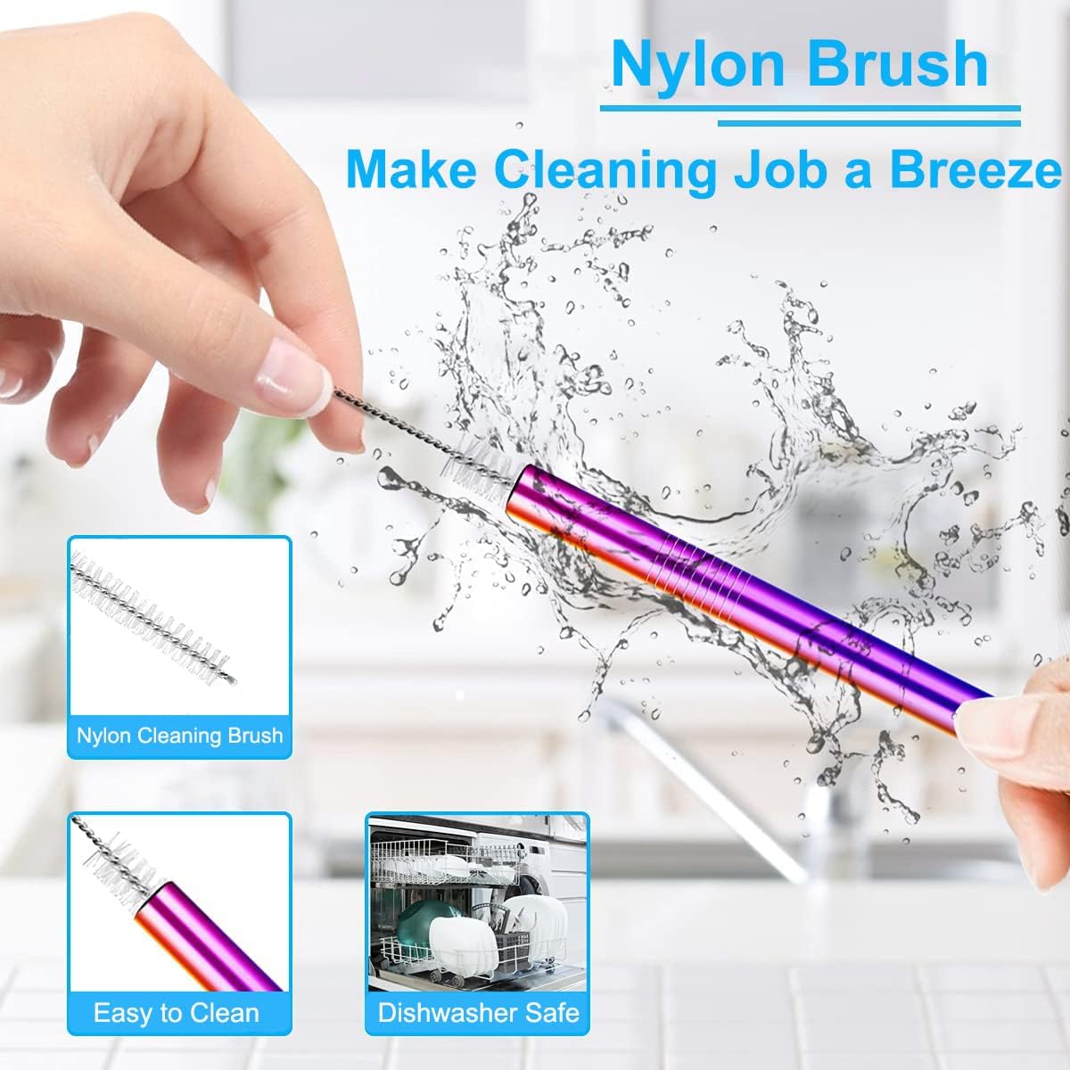 Vinaco 4 Pcs Rainbow 0.4" Wide Bore Reusable Stainless Steel Smoothie Straw