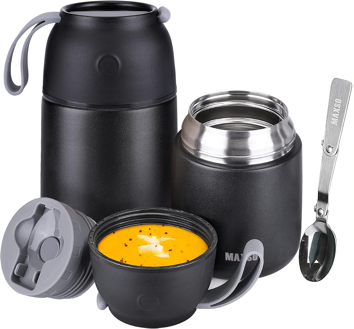 Insulated Thermo Food Jar for Hot &amp; Cold Food for Kids Adult, 17&amp;24 oz Soup Thermal Hot Food Containers for Lunch, Triple Layer Insulation Stainless Steel Food Jar with Spoon (2 Pack Black)