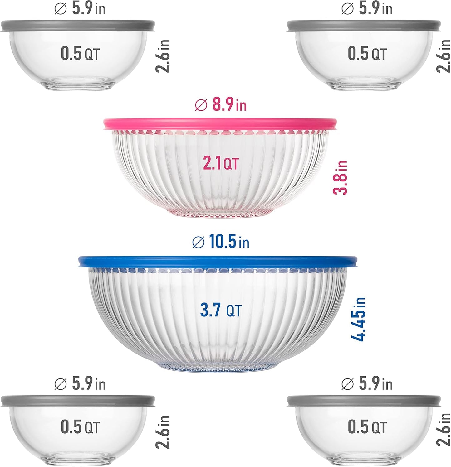 Set of 6 Stackable Space-Saving Nesting Glass Bowls | with BPA Free Lids for Foodprep, Storage, Baking, Mixing &amp; Cooking, Microwave Safe - Durable Inert Borosilicate Glass