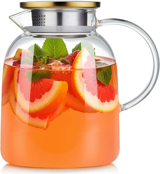 54OZ Glass Pitcher with Lid and Spout, Water Jug, Glass Carafe Water Pitcher for Hot/Cold Beverage, 1600ml for Tea, Juice,