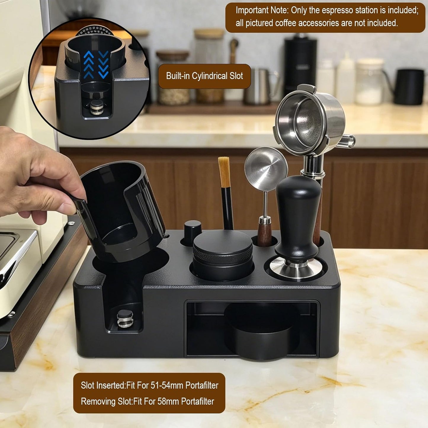 Espresso Tamping Station,Multifunctional Espresso Tamper Station,Adjustable Height Portafilter Holder,Espresso Tools Storage (Black, 51-58mm)
