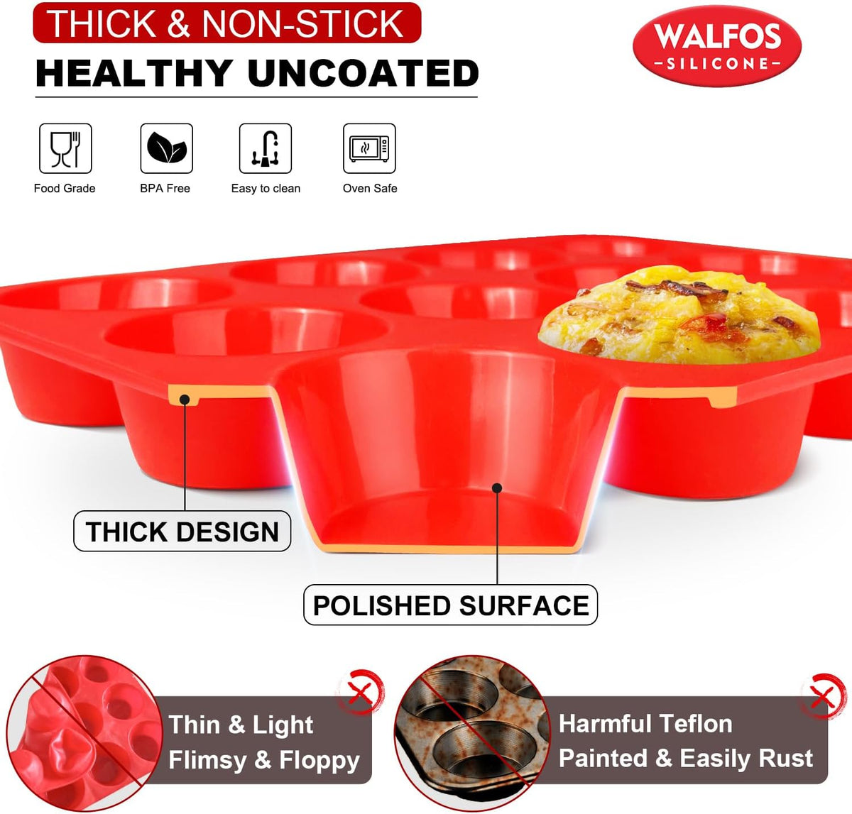 Walfos Muffin Pan Set - 12 Cups Regular Silicone Cupcake Pan