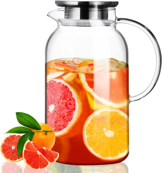 PARACITY Glass Pitcher with Lid, Hot& Cold Glass Water Pitcher with Handle, Iced Tea Pitcher Carafe for Coffee, Juice,