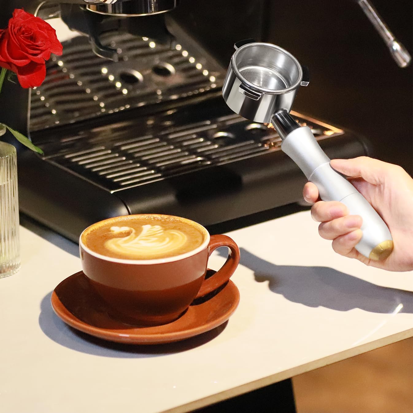 MEION 54mm Bottomless Portafilter with Anodized Aluminum Handle for Breville Barista Express, Barista Pro, Sage, BES870XL, BES878, BES880, Espresso Portafilter with 18g Filter Basket &amp; Puck Screen