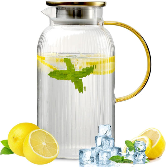 68 oz/2 Liter Glass Pitcher with Lid,Hand Blown Glass Water Pitcher for Cold Brew Coffee,Hot Water, Milk, Modern Vertical