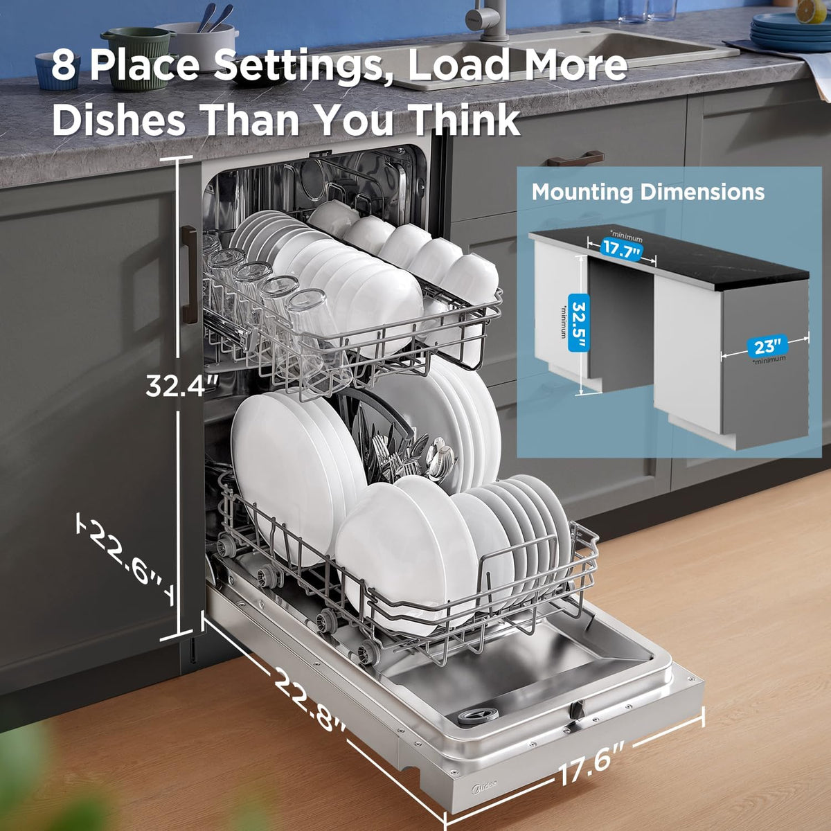 Midea 18 Inch Built-in Dishwasher, Slim Space-Saving Design with 8 Place Settings, 6 Washing Programs &amp; Stainless Steel Tub, Energy Star Certified Dishwasher with Heated Dry &amp; High Temp Wash, Silver