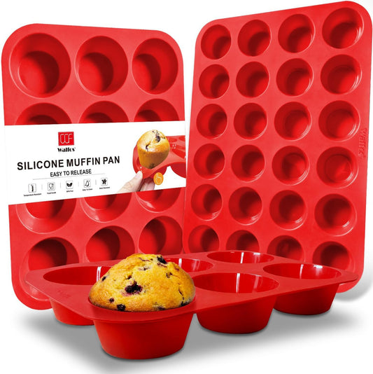 Walfos Silicone Muffin Pan - Cupcake Pans Set of 3, Including 24 Cups Mini Muffin Pans, 12 Cups Regular &amp; 6 Cups Jumbo Muffin Pan, Release Easily - BPA Free &amp; Dishwasher Safe