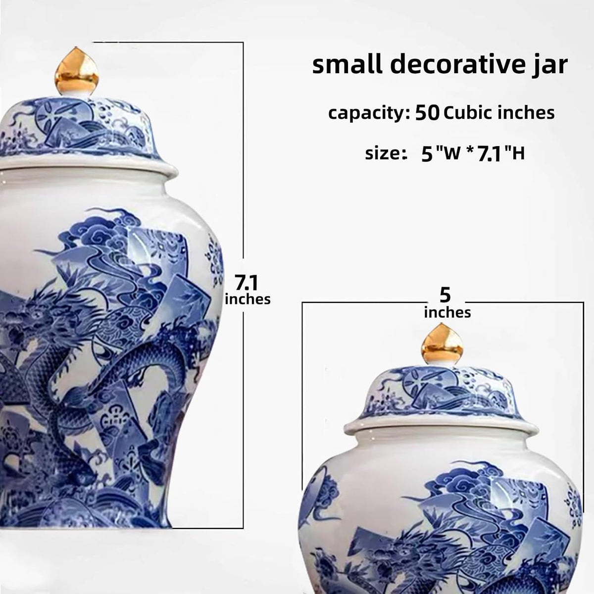 8 inches dragon Ginger Jar with Lid blue white Decorative Ceramic