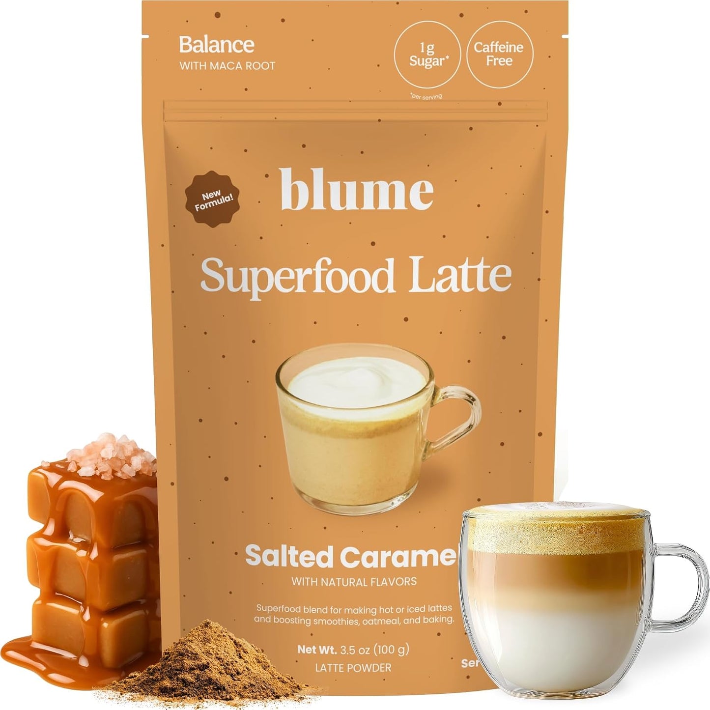 Blume Salted Caramel Superfood Latte - 1g Sugar, Caffeine Free, 25 Servings | Organic Dandelion Root and Maca, Oat Milk Powder, Pink Himalayan Sea Salt, Hot or Iced or With Coffee, Plant Based, Vegan