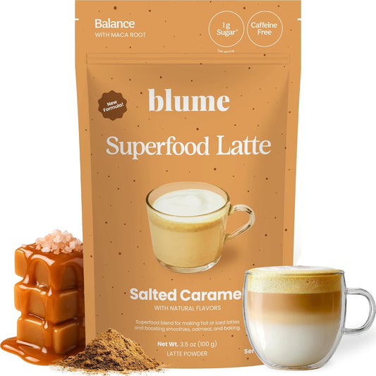 Blume Salted Caramel Superfood Latte - 1g Sugar, Caffeine Free, 25 Servings | Organic Dandelion Root and Maca, Oat Milk Powder, Pink Himalayan Sea Salt, Hot or Iced or With Coffee, Plant Based, Vegan