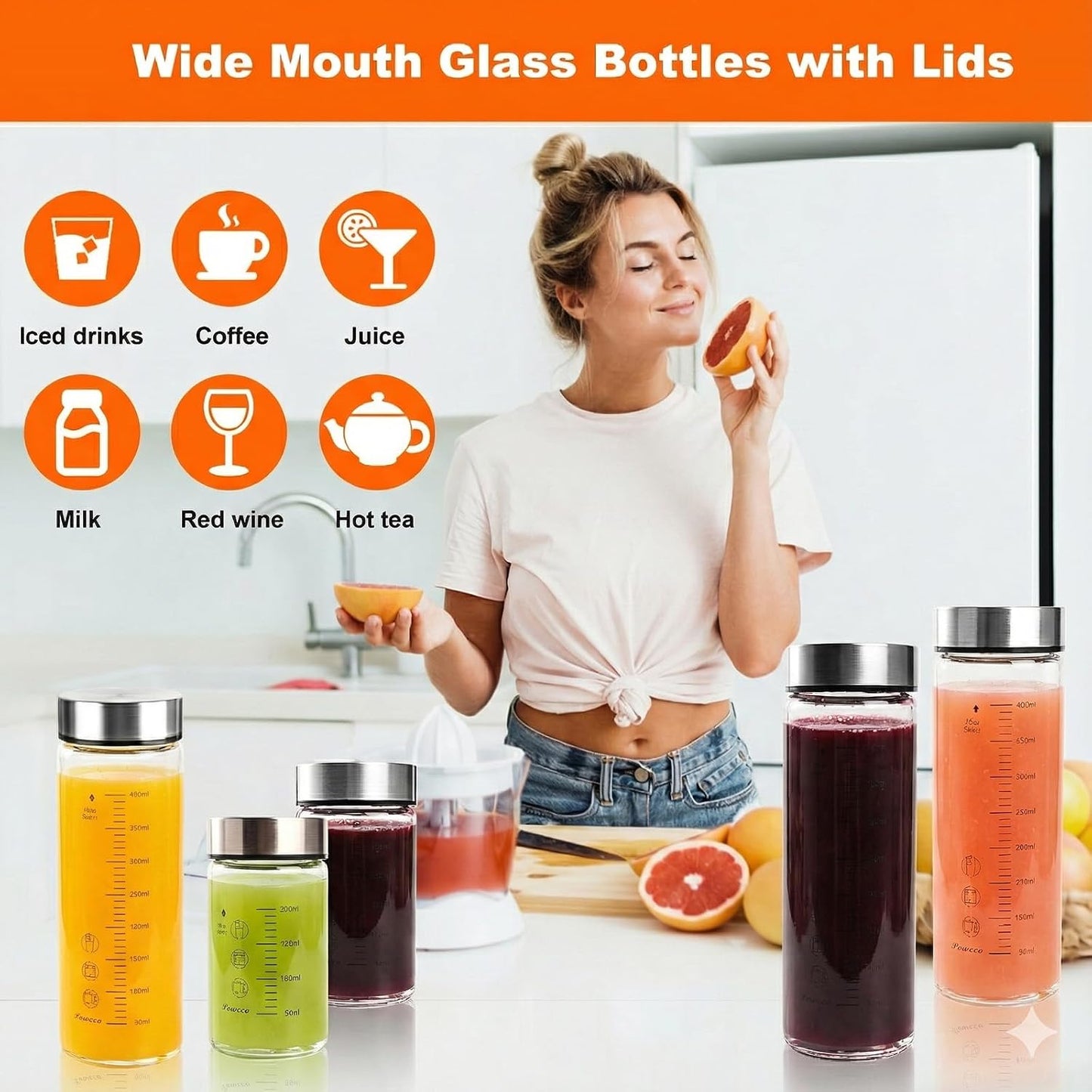 Glass Juice Bottles 4 Pack 12 oz - Wide Mouth Glass Water Bottles with Lids - for Juicing, Protein, Smoothie, Milk, Reusable, BPA Free, Stainless Steel Lids, Blender, Shaker Bottle (12oz/400ml)