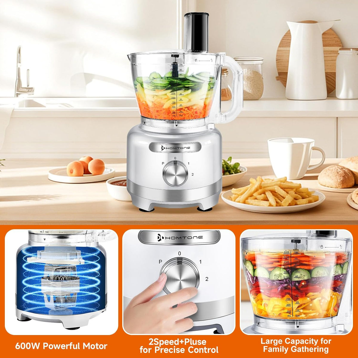 Homtone 16 Cup Food Processor, 6 Preset Modes& Stepless Speed Control for Dough Kneading, Meat Chopping, Slicing, Shredding, French Fries Potato Cuting, Cheese Grating& Whipping Cream, 650W, Red
