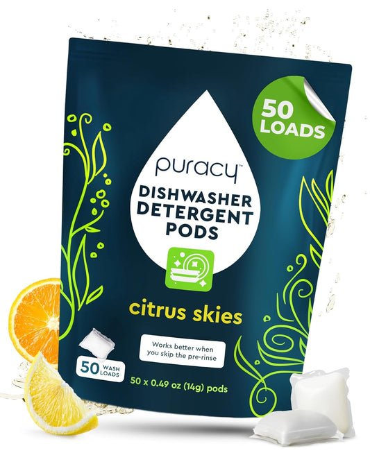 Puracy Natural Dishwasher Detergent Pods – Enzyme-Powered, Spot & Residue Free, Citrus Skies, 50 Count