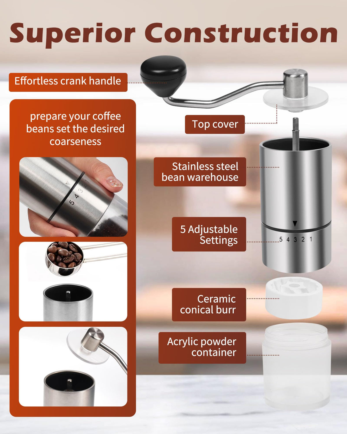 Rsoilch Manual Coffee Grinder With Ceramics Burr For Espresso,French Press,5 Adjustable Settings,Hand Maker with Built-I