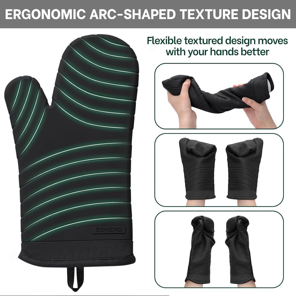 Beneno BPA-Free Silicone Oven Mitt 2-Pack Set, 7"x13", Black | Heat Resistant 500°F Oven Mitts with Non-Slip Grip, Soft Thicker Lining