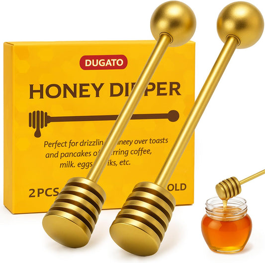 Honey Dipper, 6.3 in Stainless Steel Server Stick, 2-Pack Gold Color | Spiral Honey Dipper Design, Honeycomb Stick for Honey Jar, Syrup Drizzler, Tea Server, Dishwasher Safe Gift Pair