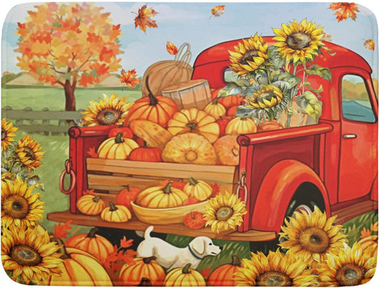 Autumn Pumpkin Red Truck Dish Drying Mat for Kitchen Counter,Fall Leaves Sunflower Cue Dog Harvest Drying Mat 18 x 24 Inch