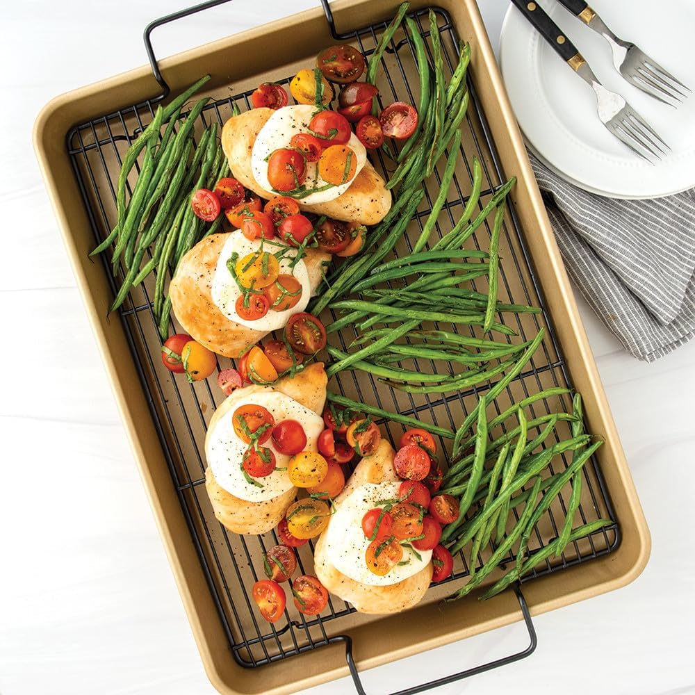 Nordic Ware High-Sided Half Sheet Oven Crisping Baking Tray with Rack, Natural Nonstick Aluminum For Air Frying, Crisping, Broiling, Baking; Cooking Surface 17.9 x 12.9 x 2 inches